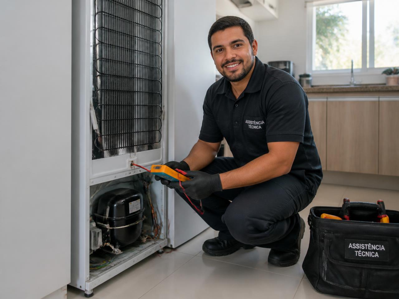 Técnico da JK Refrigeração fazendo o conserto de uma geladeira em uma cozinha